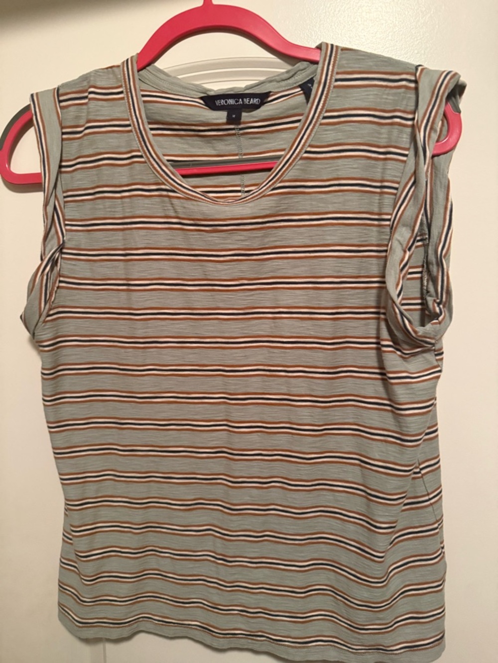 Veronica Beard Striped Sleeveless Scoop Neck Tank in Sage and Brown